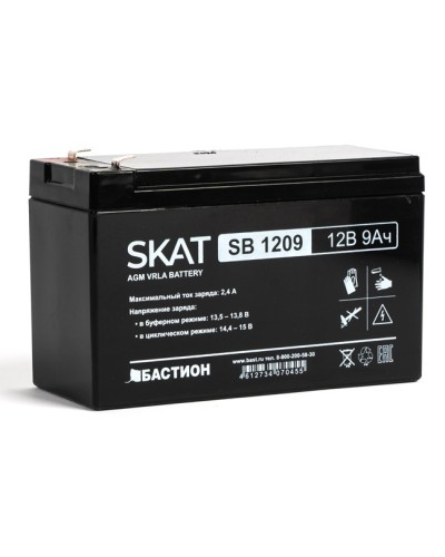 Бастион SKAT SB 1209 АКБ свинцово-кислотная тип AGM 12V 9Ач Iзар. 2,7 А, ножевые клеммы в Калининграде Электротехническое оборудование Pintop.ru