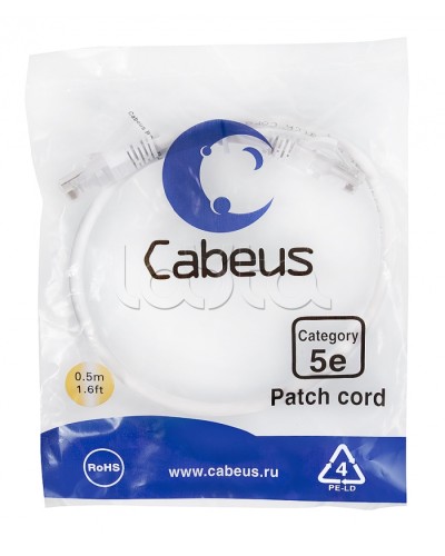 Патч-корд UTP, категория 5e, 0.5 м, неэкранированный, белый Cabeus PC-UTP-RJ45-Cat.5e-0.5m-WH в Калининграде Патчкорды (медные) Pintop.ru