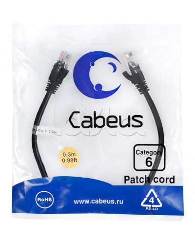 Патч-корд UTP, категория 6, 0.3 м, неэкранированный, черный Cabeus PC-UTP-RJ45-Cat.6-0.3m-BK в Калининграде Патчкорды (медные) Pintop.ru