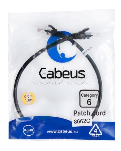 Патч-корд UTP, категория 6, 0.5 м, неэкранированный, черный Cabeus PC-UTP-RJ45-Cat.6-0.5m-BK в Калининграде Патчкорды (медные) Pintop.ru