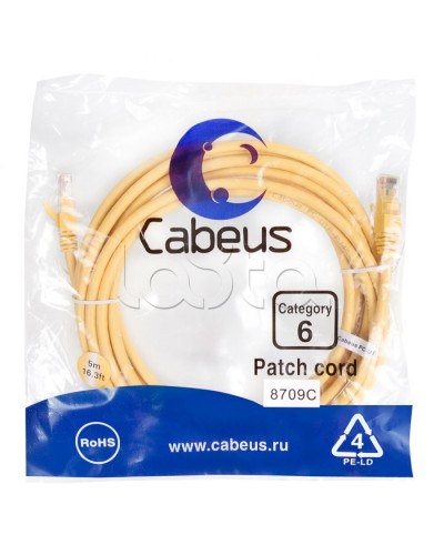 Патч-корд UTP, категория 6, 5 м, неэкранированный, желтый Cabeus PC-UTP-RJ45-Cat.6-5m-YL в Калининграде Патчкорды (медные) Pintop.ru