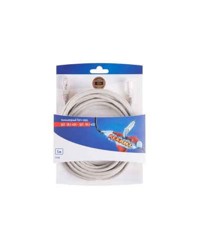 Патч-корд U/UTP RJ45-RJ45, CAT 5e, PVC, серый, 5м REXANT 06-3204 в Калининграде Патчкорды (медные) Pintop.ru