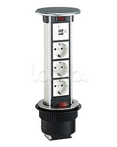 Блок розеточный встраеваемый в стол, 4 поста (45х45) IP54, с выключателем нагрузки (алюм+латунь) Экопласт 70344 в Калининграде Блоки розеток Pintop.ru